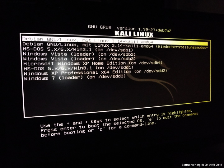 Kali-Linux : Hauptsystem mit allen relevanten Bootmenü-Einträgen