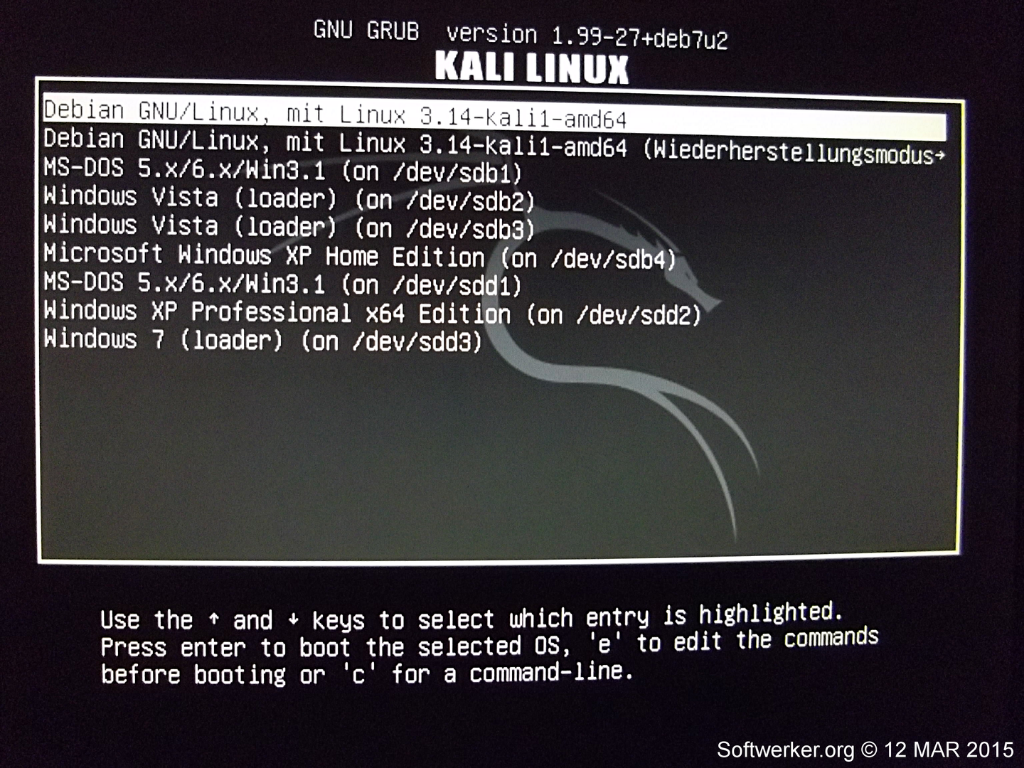 Kali-Linux : Reserve-PC mit auch nicht mehr relevante Bootmenü-Einträgen
