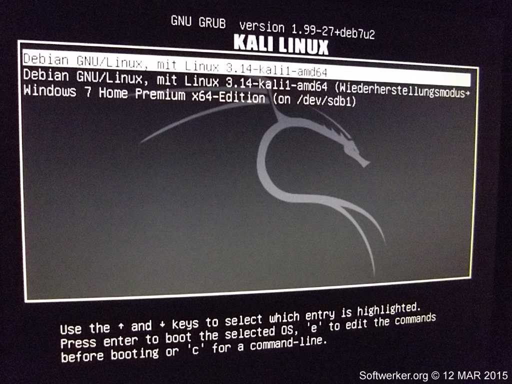 Kali-Linux : Reserve-PC mit allen relevanten Bootmenü-Einträgen