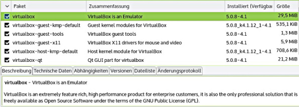 relevante 'virtualbox' - Pakete mit Haken