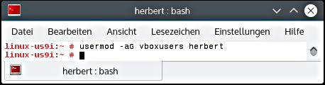 user in die "vboxusers" group eingetragen