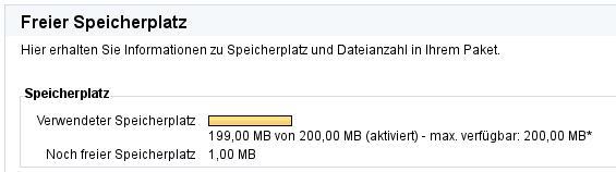 Speicherplatz 200 MB - noch frei 1 MB