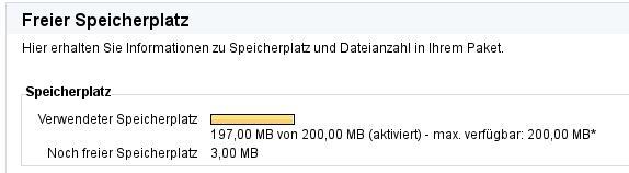 Speicherplatz 200 MB - noch frei 3 MB